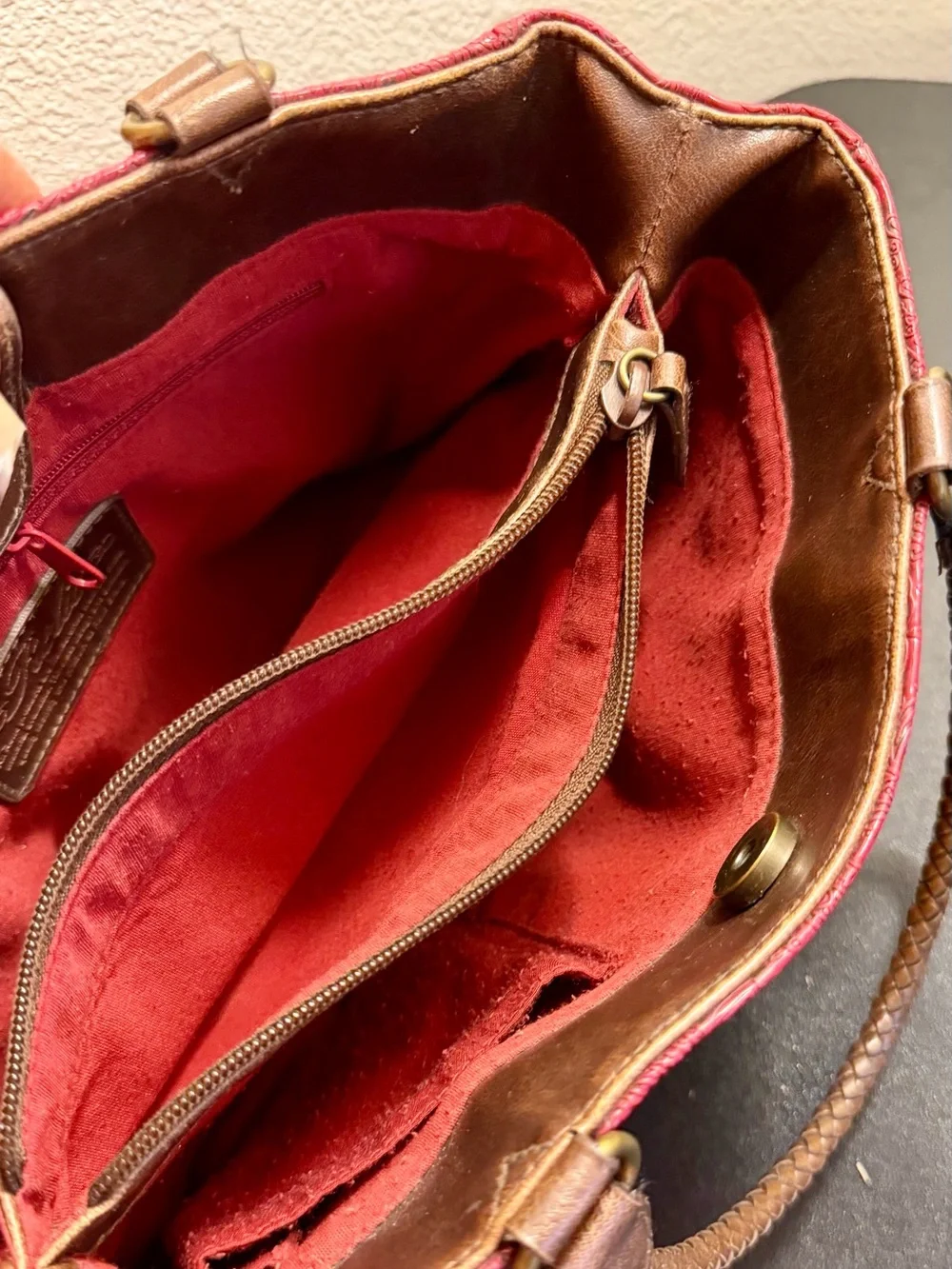 Relic Red Embossed Paisley Tote Handbag with Braided Handles